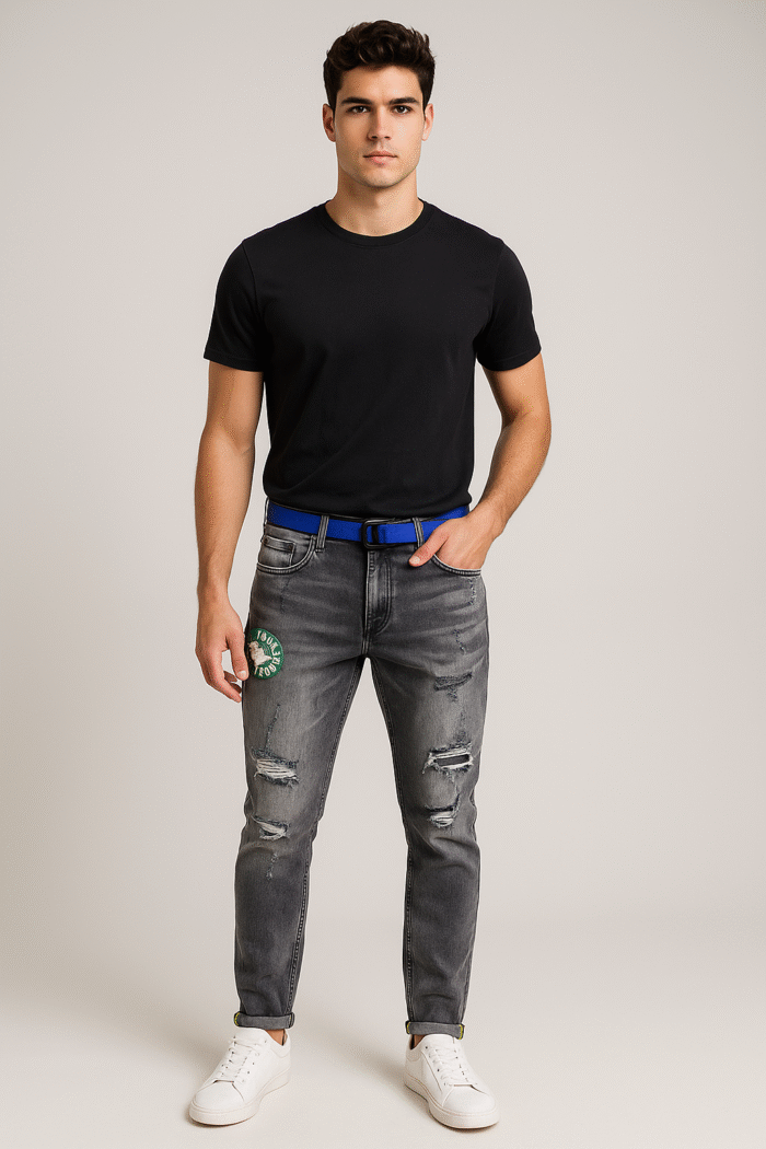 Men’s Premium Black Ankle-Length Distressed Jeans with Funky Blue Belt - Image 2