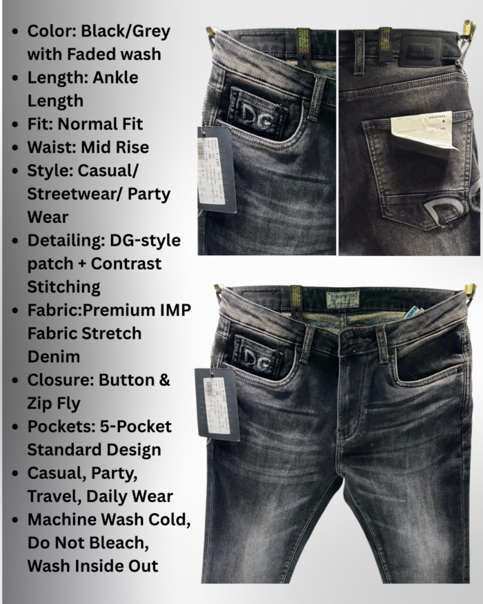 Men’s Premium Black/Grey Ankle-Length Jeans with DG Patch Detailing - Image 3