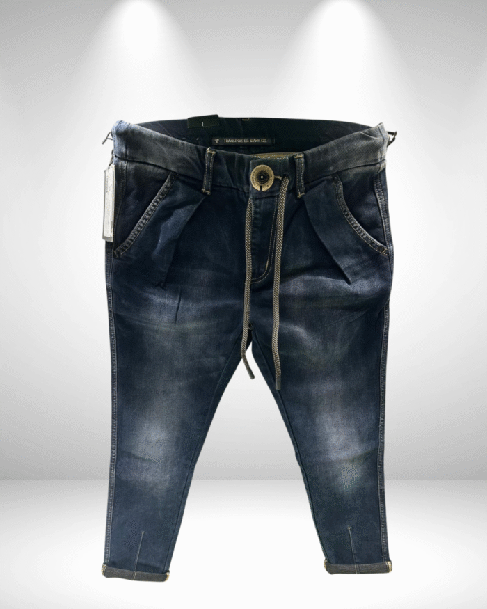 Men’s Premium Dark Blue Ankle-Length Jeans with Drawstring Waist & X-Stitch Pocket Design