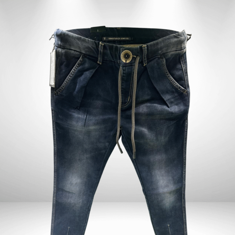 Men’s Premium Dark Blue Ankle-Length Jeans with Drawstring Waist & X-Stitch Pocket Design