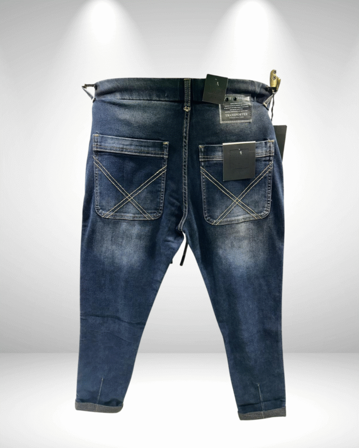 Men’s Premium Dark Blue Ankle-Length Jeans with Drawstring Waist & X-Stitch Pocket Design - Image 2