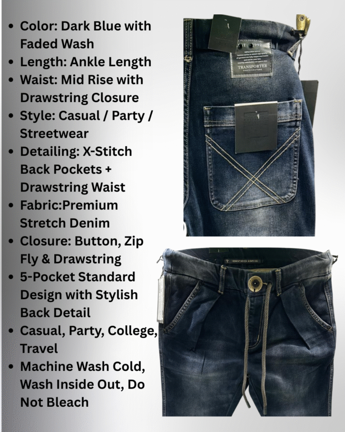 Men’s Premium Dark Blue Ankle-Length Jeans with Drawstring Waist & X-Stitch Pocket Design - Image 3