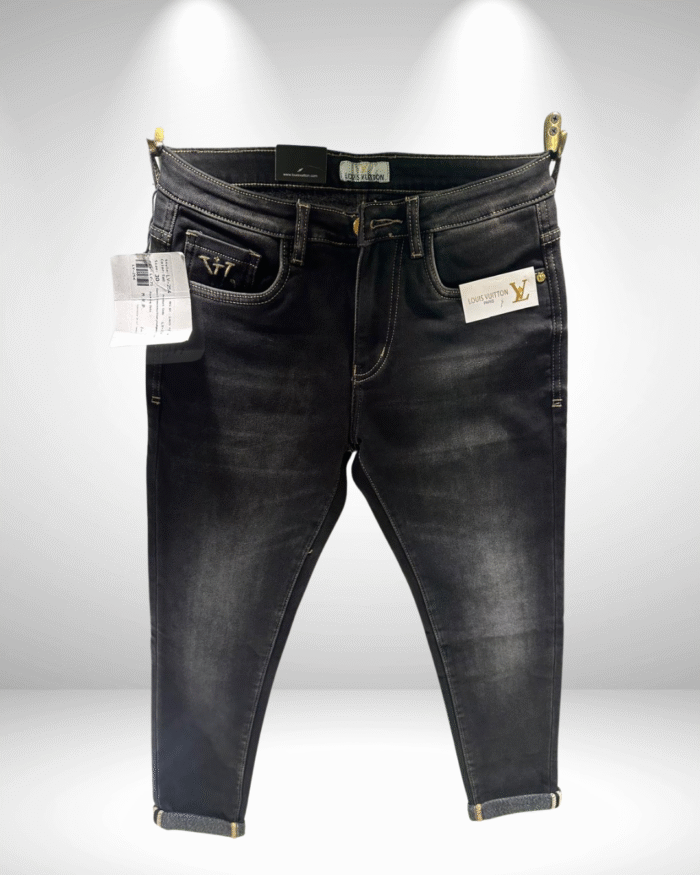Men’s Premium Black Ankle-Length Jeans with LV Style Detailing