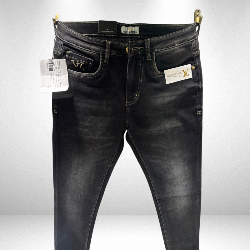 Men’s Premium Black Ankle-Length Jeans with LV Style Detailing