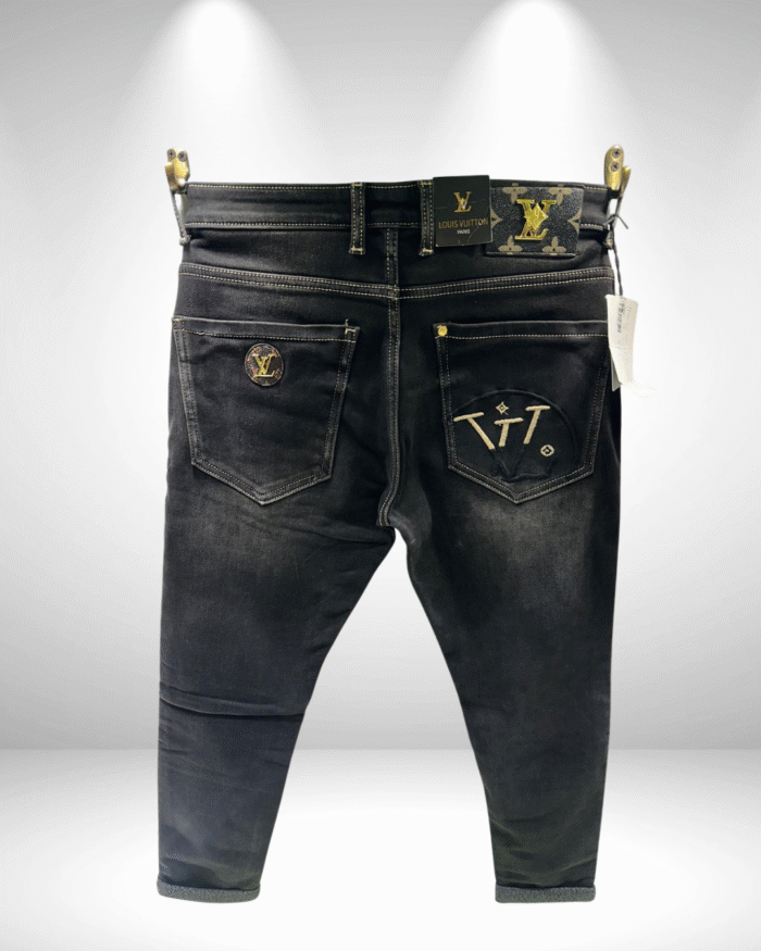 Men’s Premium Black Ankle-Length Jeans with LV Style Detailing - Image 2