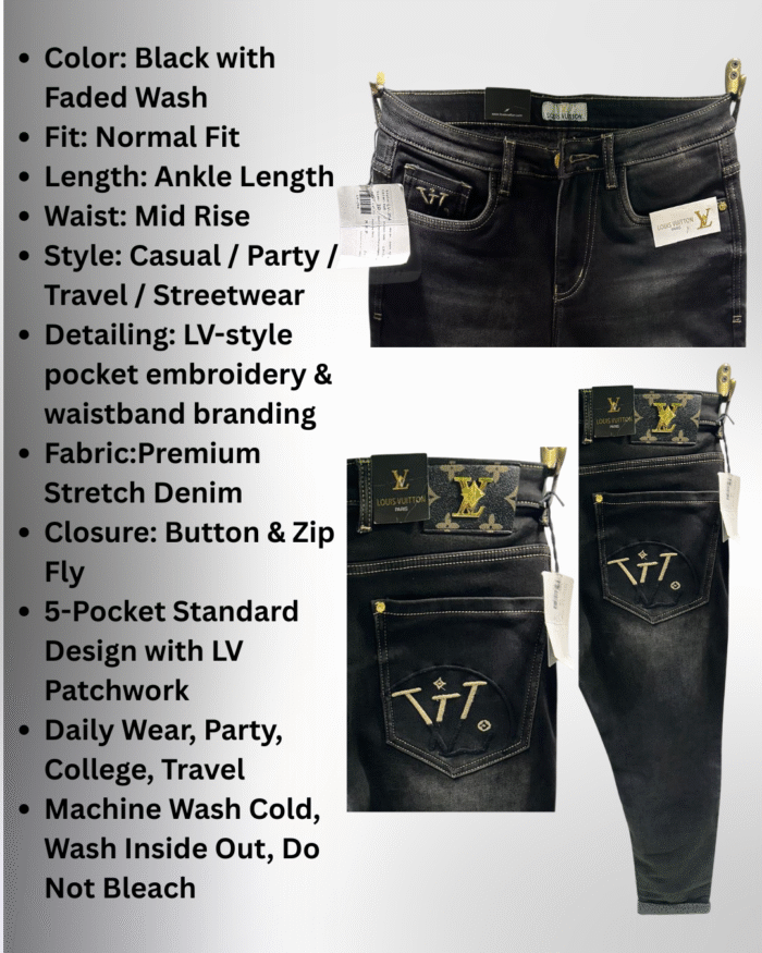 Men’s Premium Black Ankle-Length Jeans with LV Style Detailing - Image 3