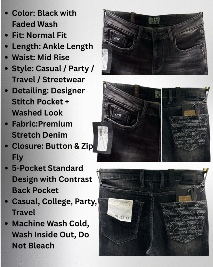 Men’s Premium Black Ankle-Length Normal Fit Jeans with Designer Pocket Detailing - Image 3