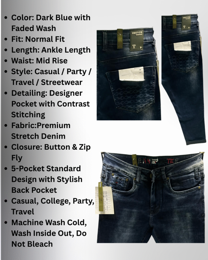 Men’s Premium Dark Blue Ankle-Length Normal Fit Jeans with Stylish Pocket Detailing - Image 3