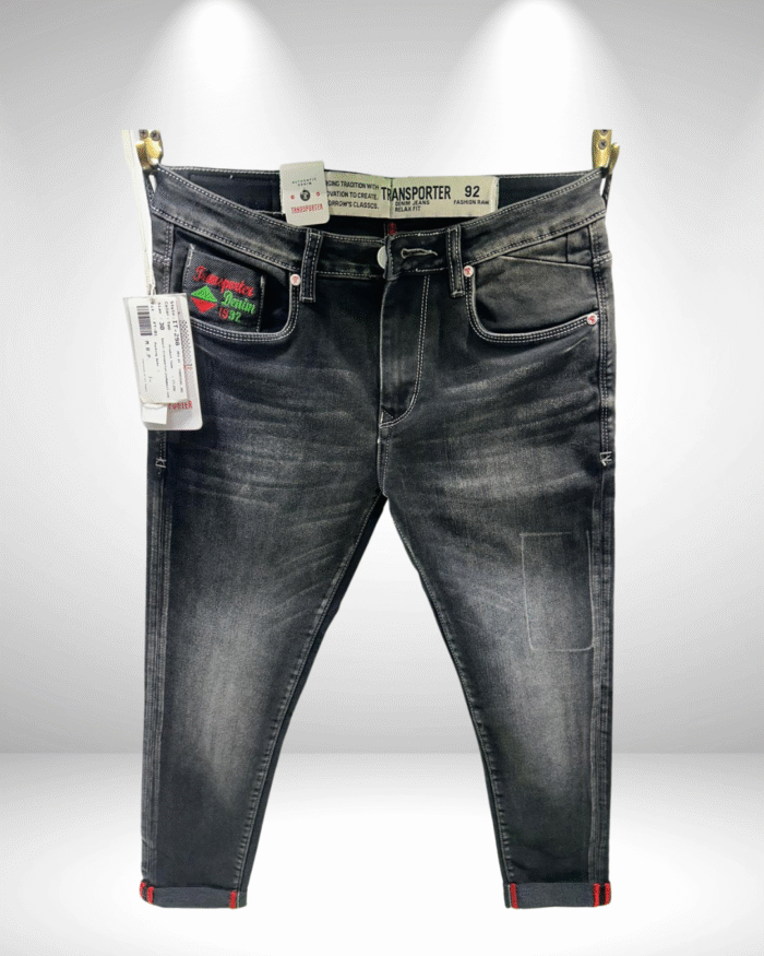 Men’s Premium Charcoal Black Ankle-Length Jeans with Embroidered Branding
