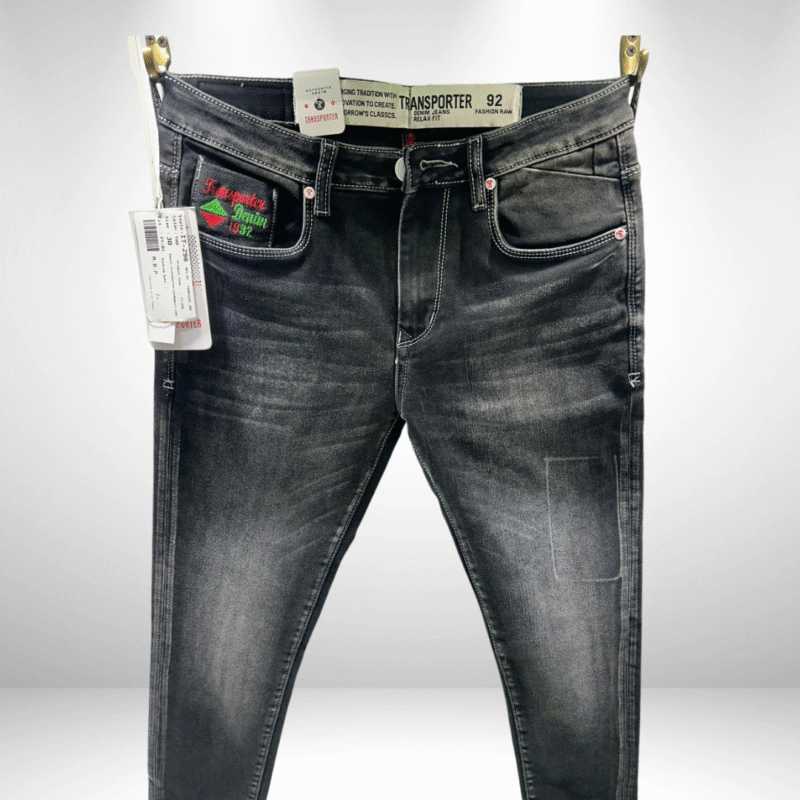 Men’s Premium Charcoal Black Ankle-Length Jeans with Embroidered Branding