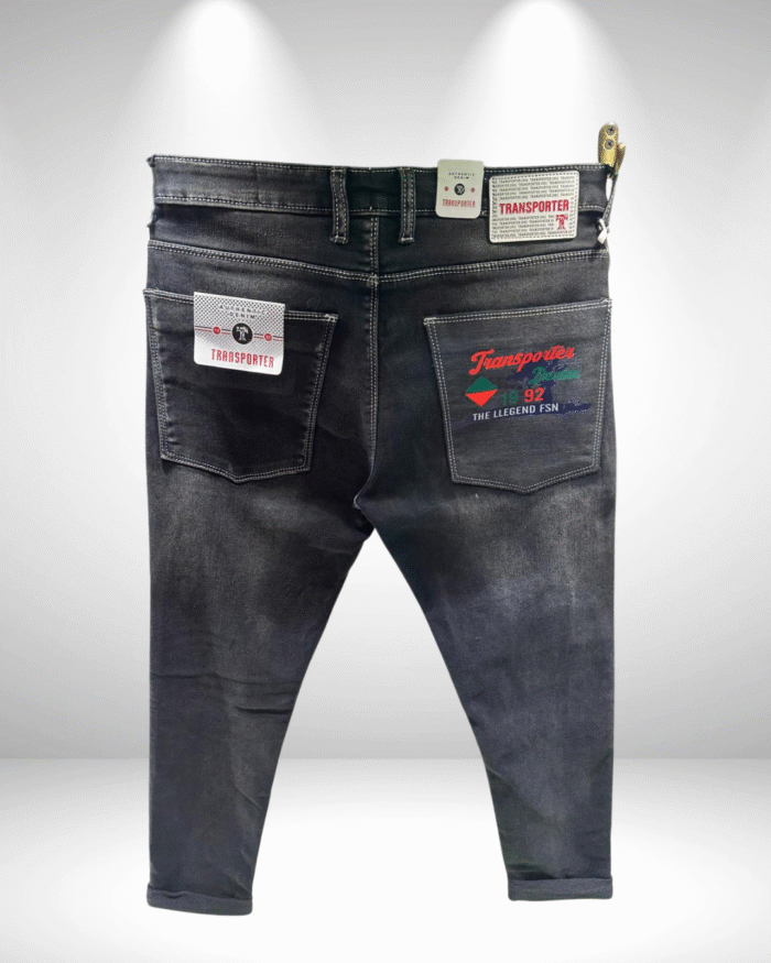 Men’s Premium Charcoal Black Ankle-Length Jeans with Embroidered Branding - Image 2