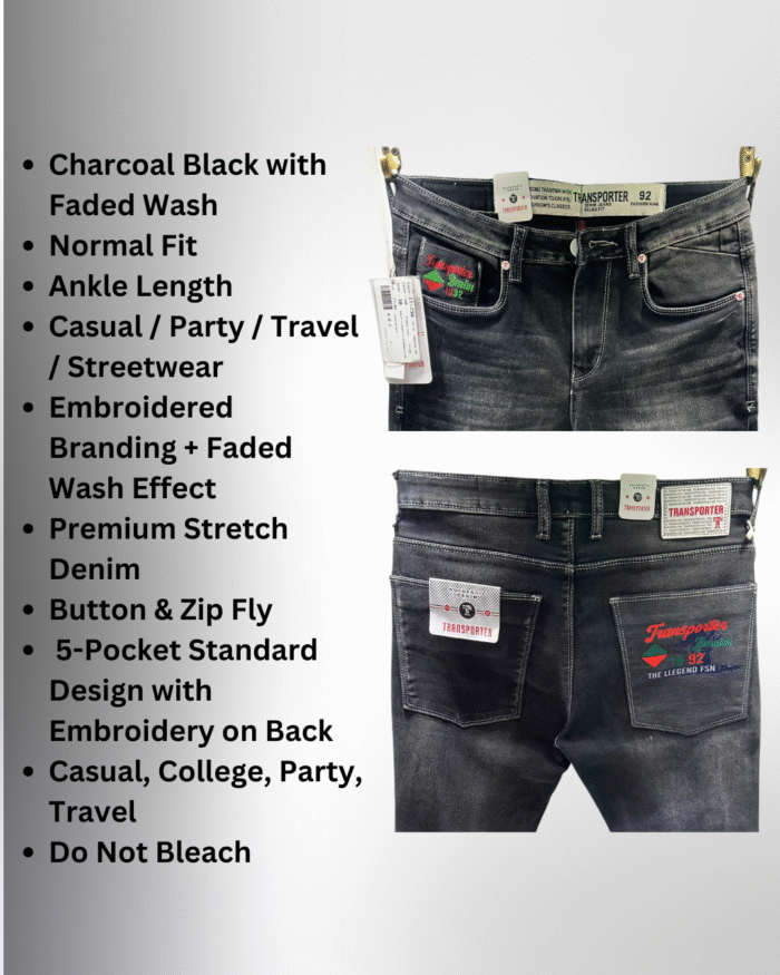 Men’s Premium Charcoal Black Ankle-Length Jeans with Embroidered Branding - Image 3