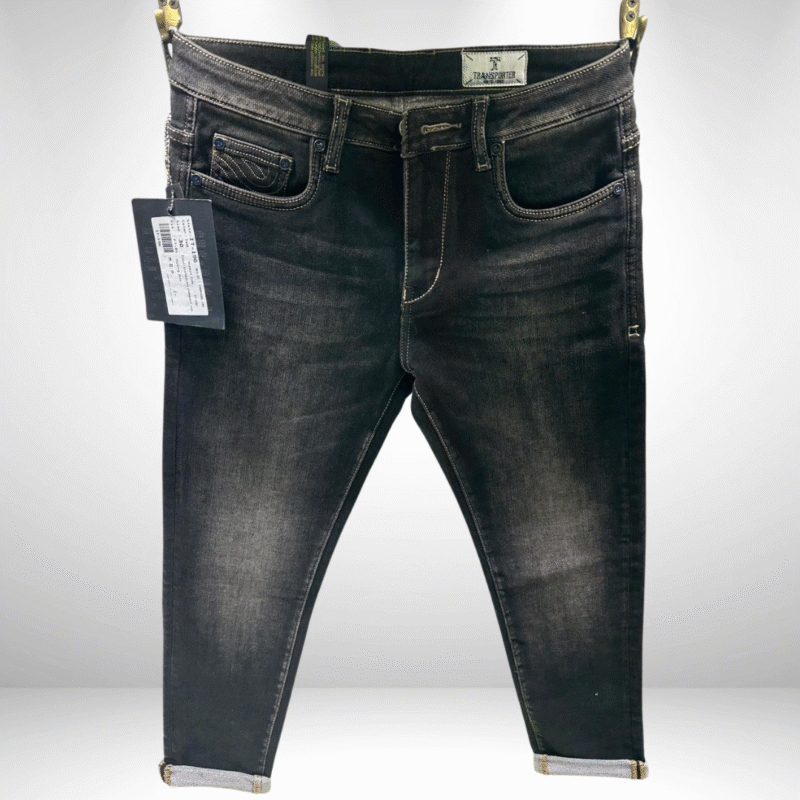 Men’s Premium Black/Grey Ankle-Length Jeans with Faded Wash