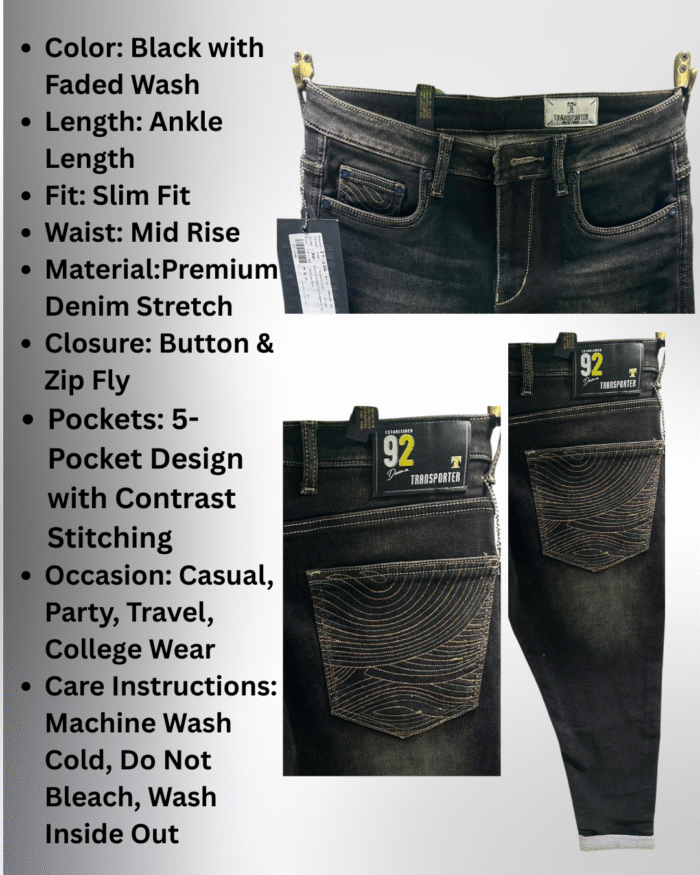 Men’s Premium Black/Grey Ankle-Length Jeans with Faded Wash - Image 3