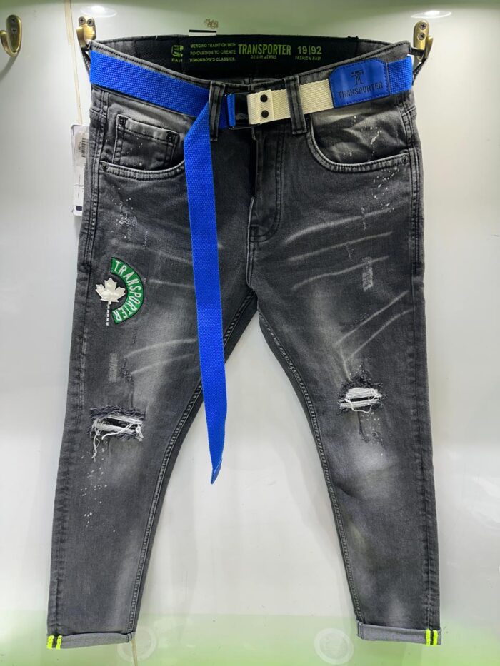 Men’s Premium Black Ankle-Length Distressed Jeans with Funky Blue Belt
