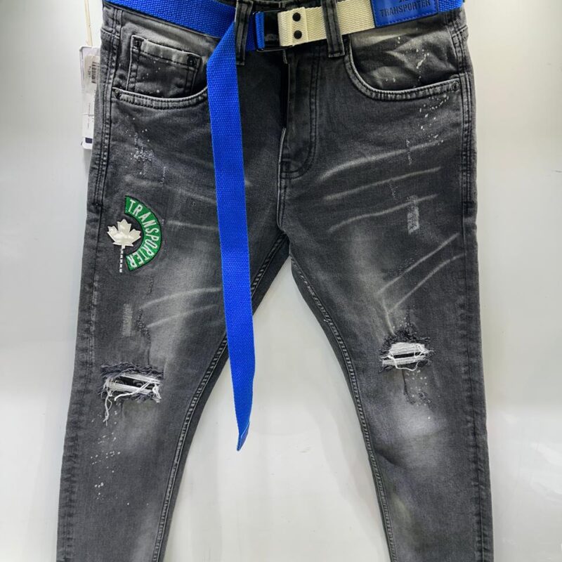 Men’s Premium Black Ankle-Length Distressed Jeans with Funky Blue Belt