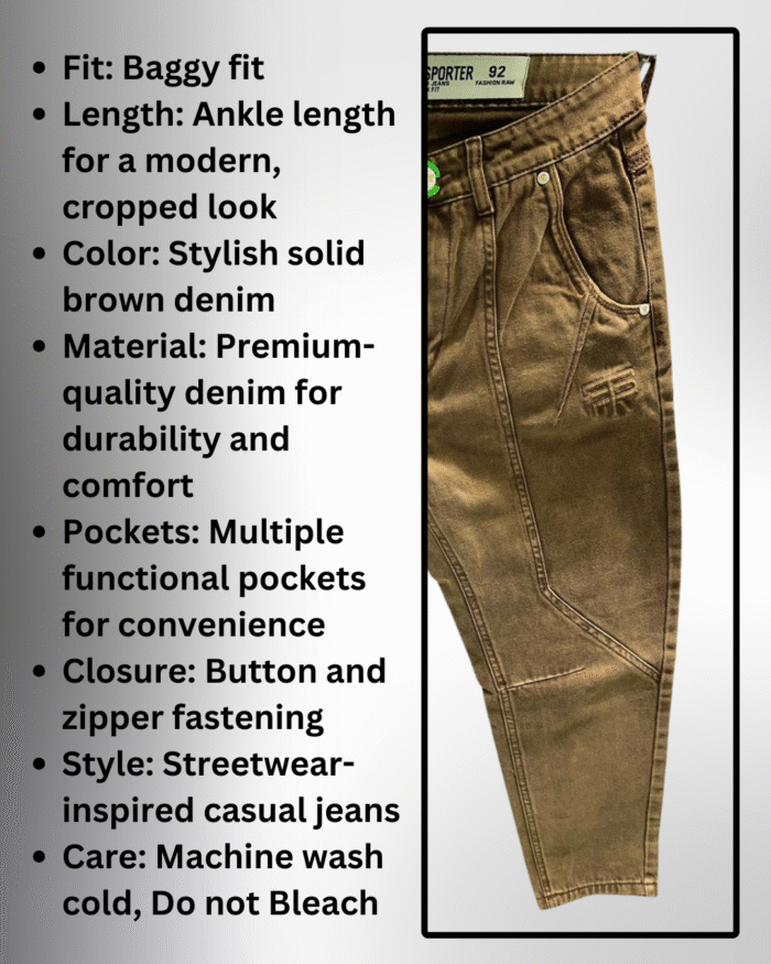 Men's Baggy Fit Brown Denim Jeans - Image 3