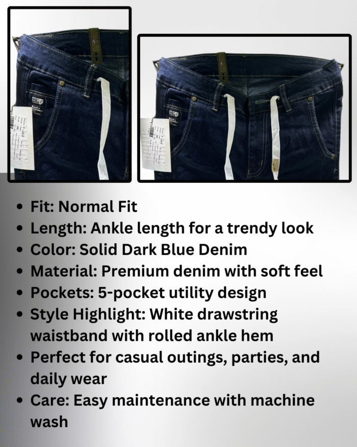 Men’s Dark Blue Denim Jeans with White drawstring - Image 3