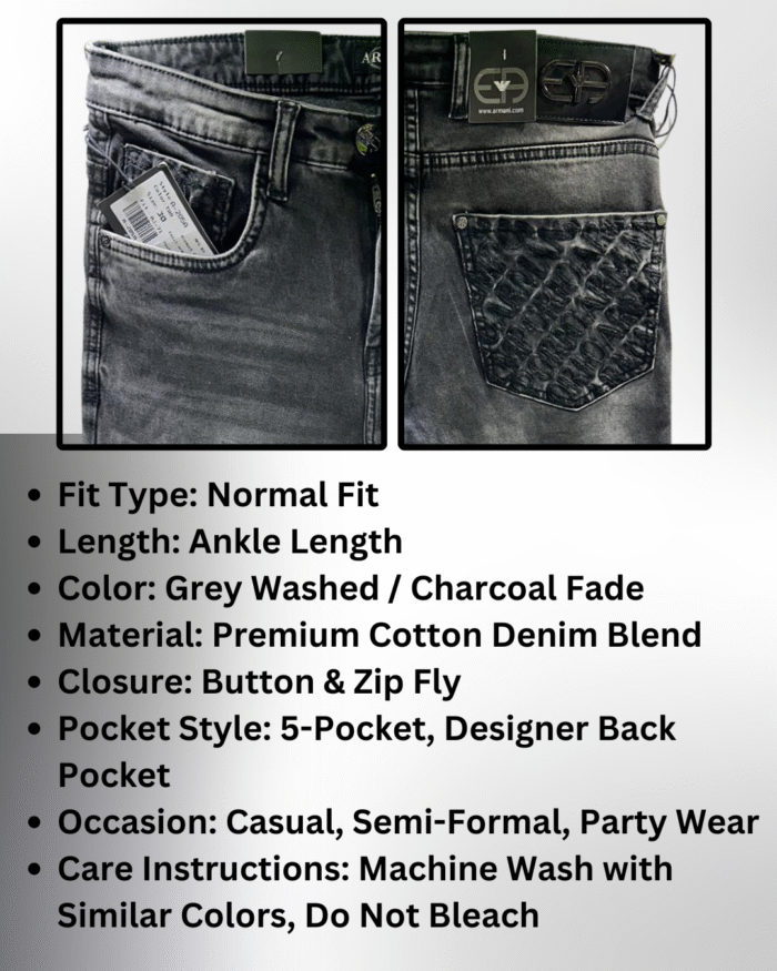 Men's Stylish Grey Washed Denim Jeans - Image 3