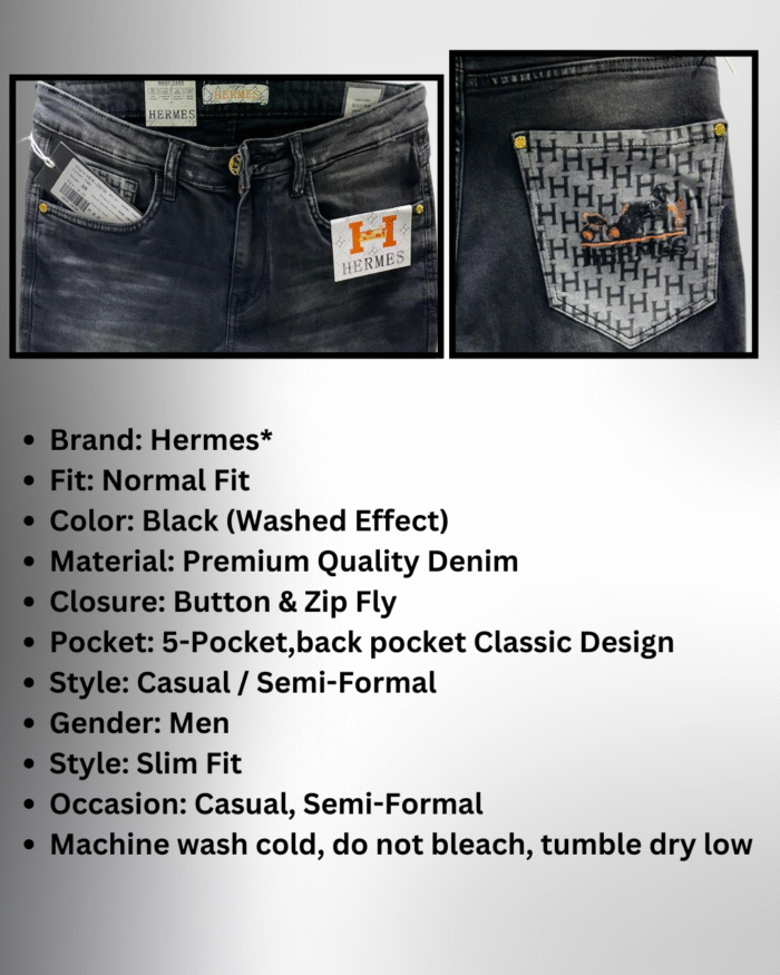 Hermes Men’s Slim Fit Black Washed Denim Jeans - Image 3