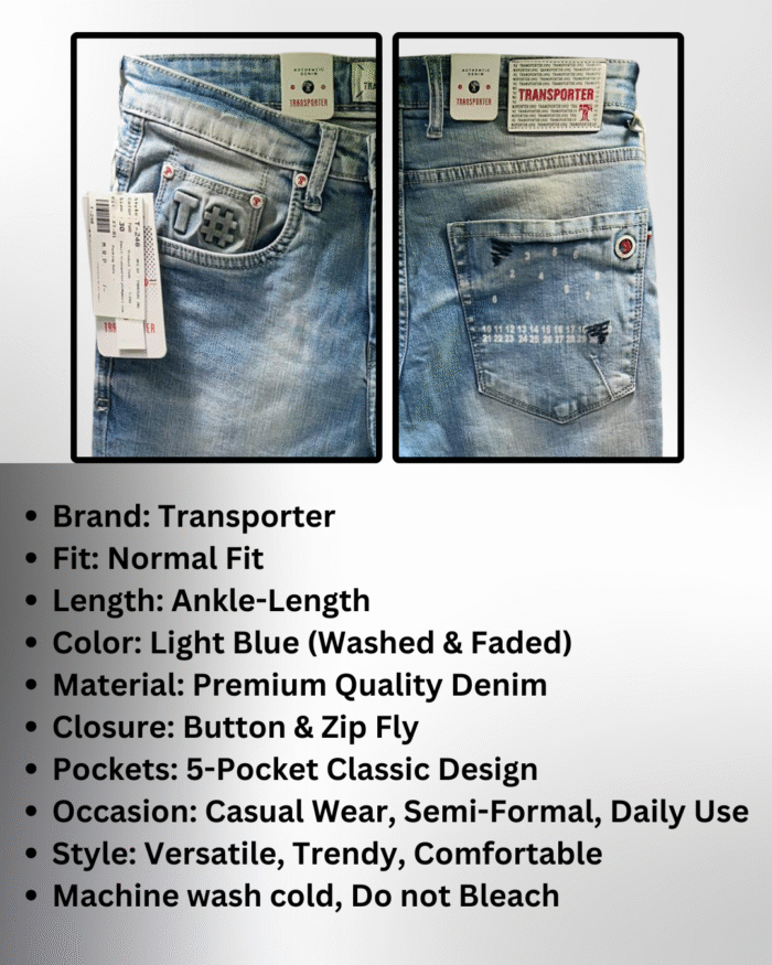 Transporter Men’s Premium Normal Fit Ankle-Length Light Blue Jeans - Image 3