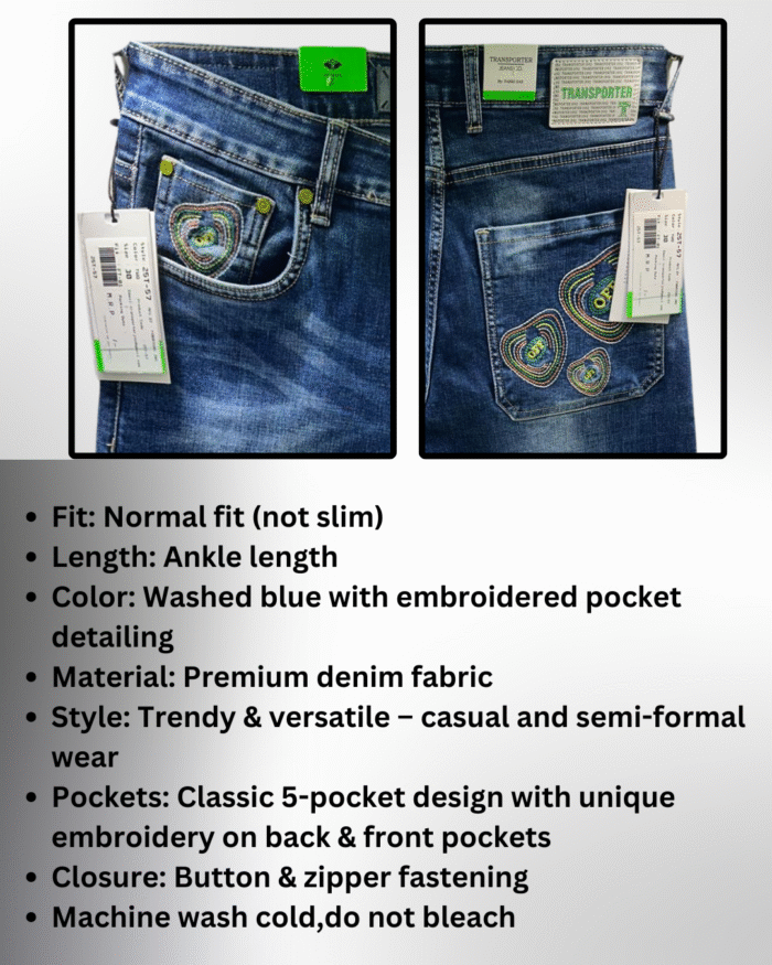 Men’s Premium Quality-Stylish Blue Denim with Embroidered Back Pockets - Image 3